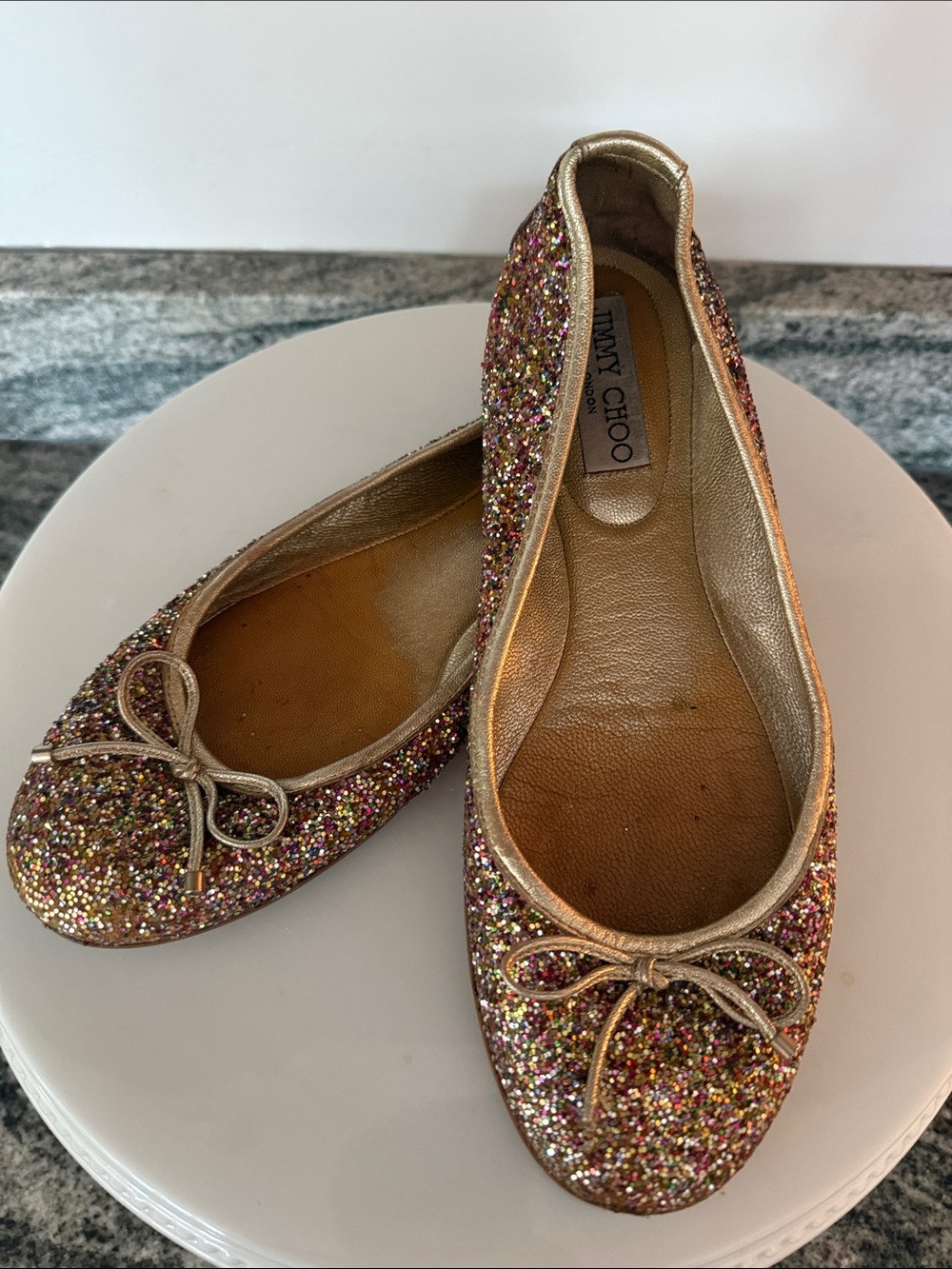 Jimmy Choo Gold Multicolored Glitter Bow Ballet Flats